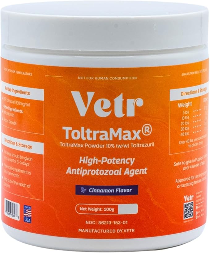 Vetr's Toltramax Toltrazuril Powder for Horses, Dogs, Cats, 100g (10.0%, Cinnamon)