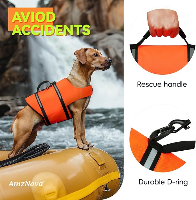 AMZNOVA Rip Stop Dog Life Jacket, Dog Life Vest for Swimming & Boating, Lightweight & Buoyancy for Doggy Puppy, Lifejacket with Handle, XS, Bright Orange