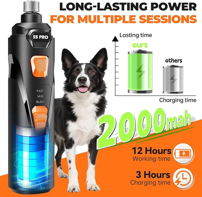 Whisper Quiet Dog Nail Grinder with LED Light, Safe & Stress-Free for Sensitive Dogs of All Breeds & Sizes, 3 Grinding Bits, 3-Speed, Pet Nail Trimmers, Rechargeable Painless Grooming Kit