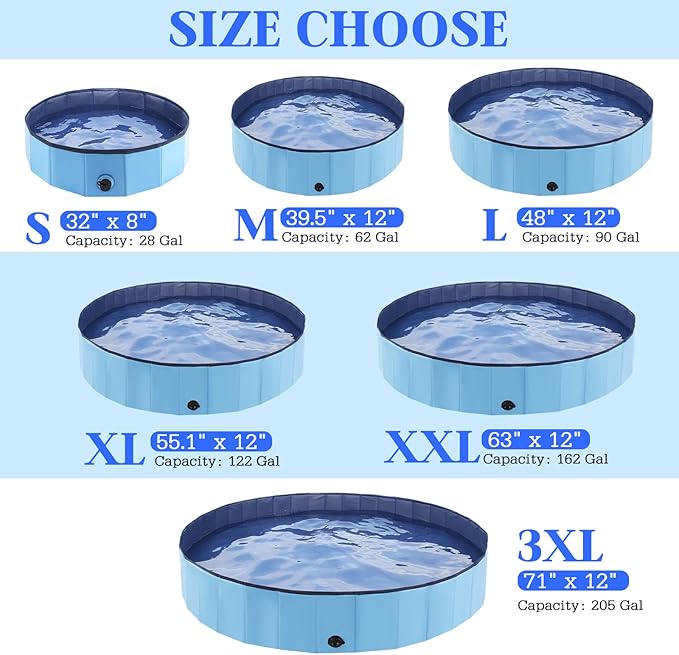 Foldable Dog Pool, Portable Pet Bath Tub and Kiddie Swimming Pool, Collapsible Bathtub for Puppies, Small, Medium and Large Dogs, Cats and Kids, 63 x 12 in, Blue