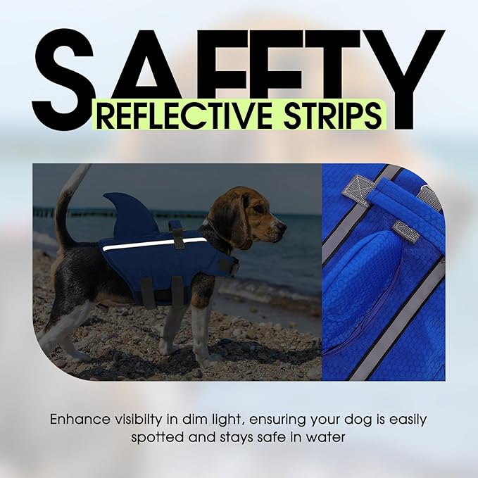 SUNFURA Dog Life Jacket Shark Life Vest for Dogs, Adjustable Swmming Vest with High Buoyancy, Safety Lifesaver with Rescue Handle for French Bulldog Small Medium Breeds, Dark Blue S