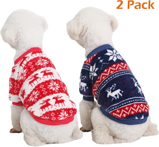 Dog Sweater, 2 Pack Dog Sweaters for Small Dogs, Dog Clothes for Small Dogs Girl Boy, Ultra Soft and Warm Puppy Sweater Dog Coat for Winter Christmas (XXS, Xmas Red+Xmas Blue)