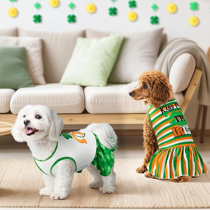 Vehomy 2-Pack Dog Dresses St. Patrick's Day Dog Dress with Lucky Shamrock Pattern Green Plaid Dog Skirt Stripe Puppy St. Patrick's Day Dress Clothes Outfit for Small Medium Dogs L