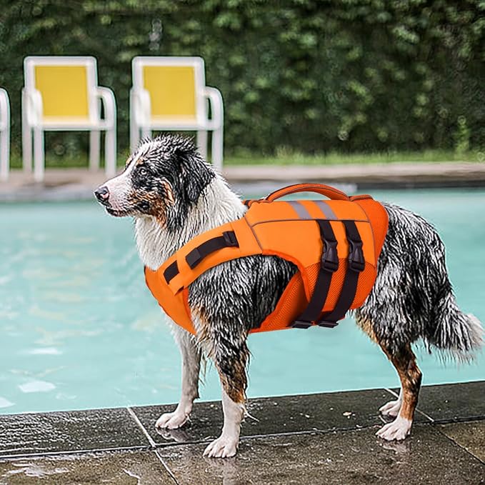 Kuoser Small Dog Life Jacket, High Flotation Puppy Safety Vest for Swimming Boating, Reflective Doggie Water Vest Pet Life Preserver with Rescue Handle, Orange S