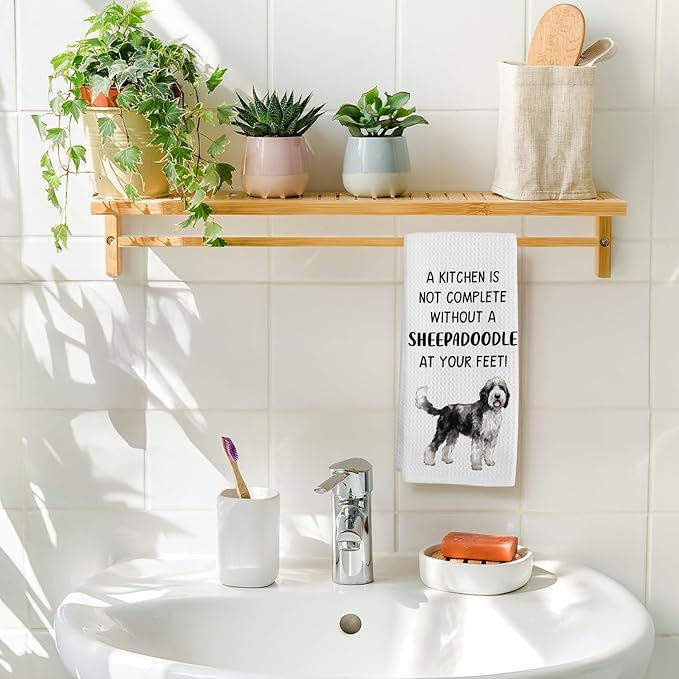 Sheepadoodle Gifts Dog Kitchen Towels, Gifts for Sheepadoodles Lovers Women Hand Towel, A Sheepadoodle at Your Feet Decorative Tea Dish Towels for Kitchens, Dog Owners Kitchen Decor, 16x24in