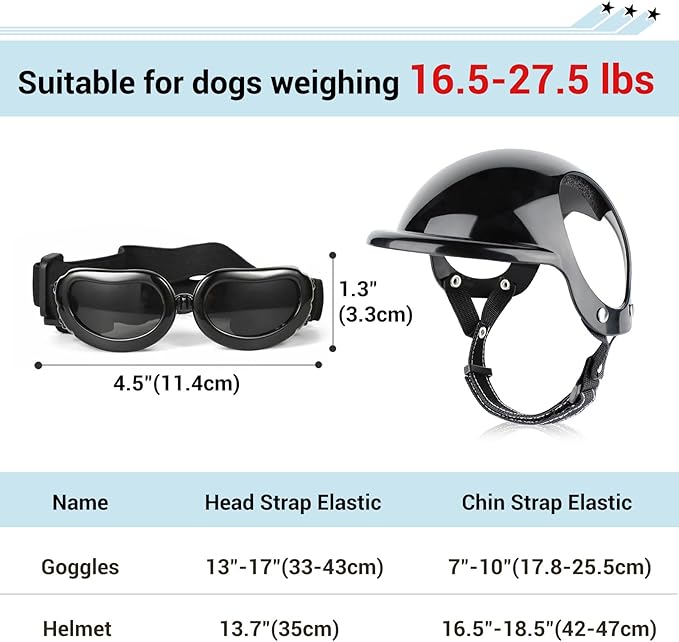 LESYPET Dog Goggles and Helmet for Small Breed, UV Protection Doggy Sunglasses Debris Protection Glasses Dog Motorcycle Helmet with Ear Holes Adjustable Strap for Riding Biking Outdoor, Black