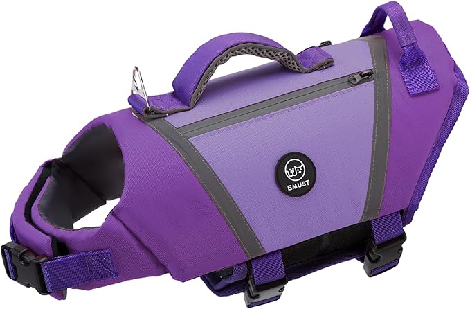 EMUST Dog Life Vest, Lightweight Life Jacket for Dogs with Pockets, Stylish Dog Life Preserver with Rescue Handle & Reflective Stripes for Swimming, Boating, Kayaking, Purple, XS