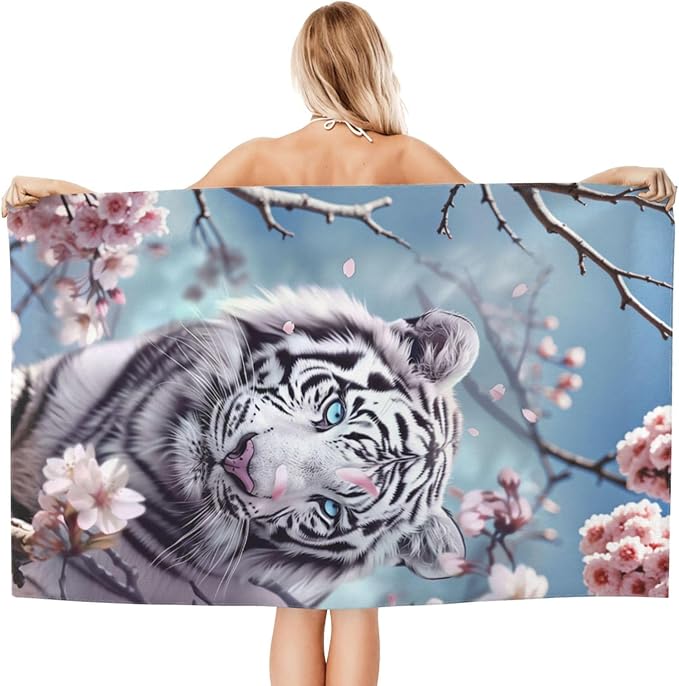White Tiger Beach Towel,32x52in Microfiber Quick Dry Cherry Blossom Floral Wildlife Bath Towels,Soft Lightweight Oversized Sand Free,for Travel Pool Swimming Gym Decor,Gifts
