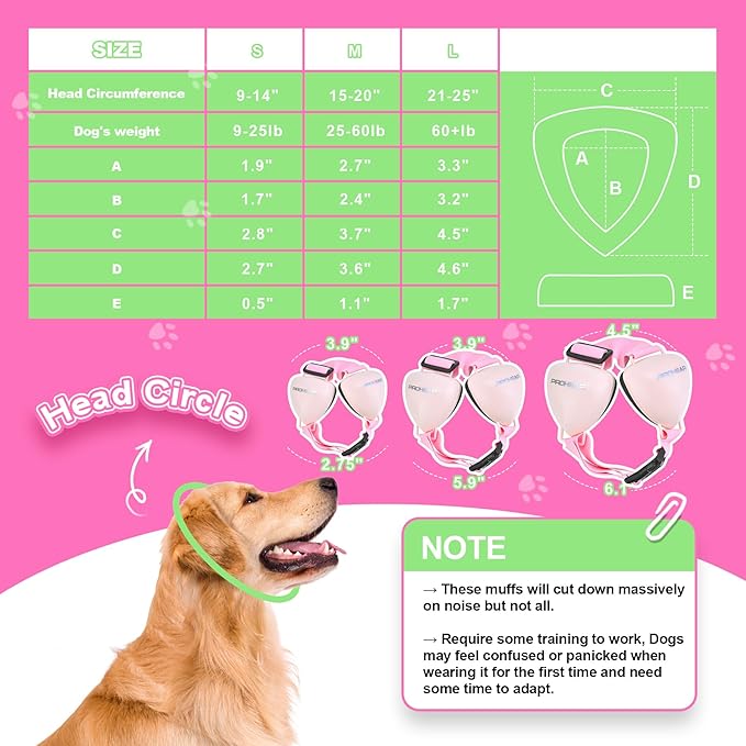PROHEAR Ungrade GEL Pads Dog Ear Muffs Hearing Protection for Dogs, NRR 28dB for Thunder, Hunting, Tourism,Medium - Pink