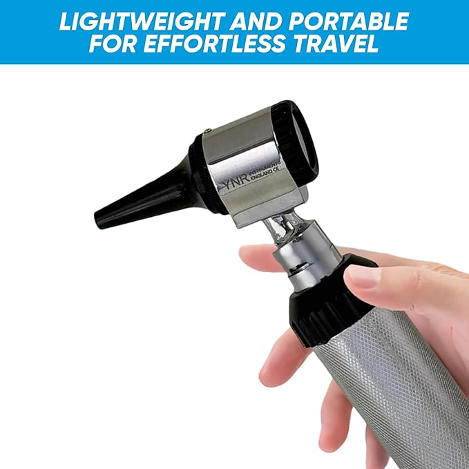 YNR Portable Otoscope with LED Light for Diagnostic Examination with 4X Magnification - Pocket Ear Scope with Rheostat Switch & Vegan Leather Case, Includes Sanitizable Specula & 3.0V LED Bulb