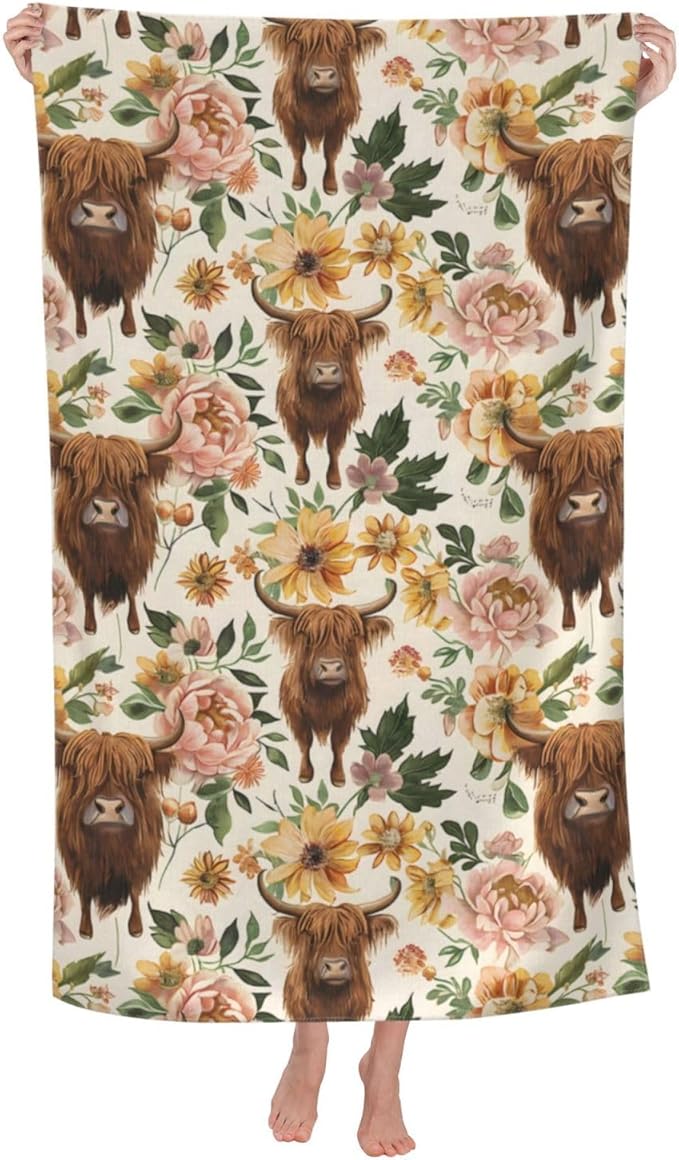 Highland Cow Floral Beach Towel 31inx51in, Rustic Farm Sand-Free Microfiber Bath Towel Ultra Soft Quick Dry Pool Towel Absorbent Towel Lightweight Towel for Swimming Bathroom Decor