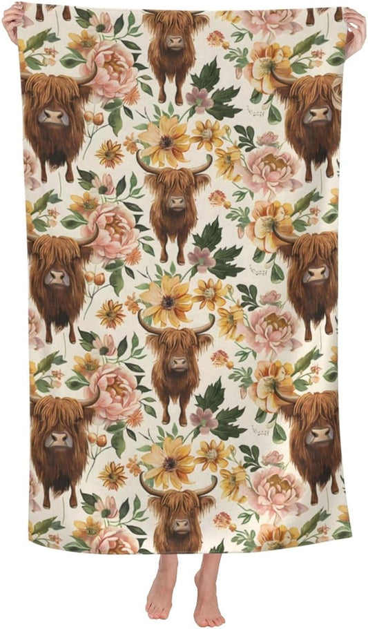 Highland Cow Floral Beach Towel 31inx51in, Rustic Farm Sand-Free Microfiber Bath Towel Ultra Soft Quick Dry Pool Towel Absorbent Towel Lightweight Towel for Swimming Bathroom Decor
