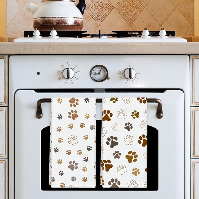 Brown and White Dog Paw Print Kitchen Towels and Dishcloths Set of 2, Cute Decorative Hand Towel Drying Cloth for Bathroom, Gifts for Dog Lovers, Hostess, Women, 16x24 Inches -20