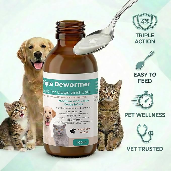Dewormer Liquid for Cats and Dogs Broad Spectrum,Pyrantel Pamoate and Praziquantel Targets Tapeworm Roundworm and Hookworm Fast Acting Solution for Puppy Kitten Small Medium Large Breeds 100ML