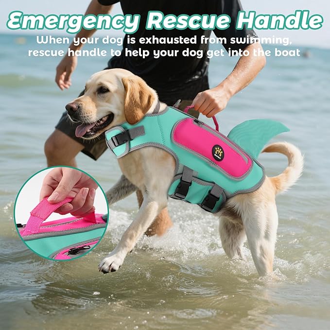 Dog Life Vests for Boating and Swimming, Dog Life Jacket with Shark Fin, Rescue Handle Pet Preserver for Medium Dogs, Neoprene Good Buoyancy Dogs Floating Safety Vest (Turquoise, Medium)