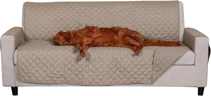 Furhaven Water-Resistant & Reversible Sofa/Couch Cover Protector for Dogs, Cats, & Children - Quilted Polka Paw Living Room Furniture Cover - Biscuit Brown, Sofa