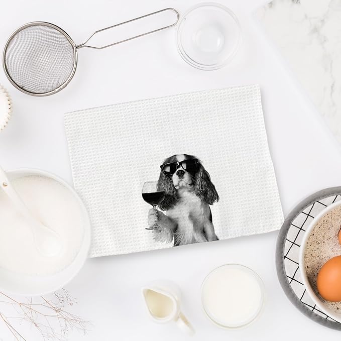 Cavalier King Charles Spaniel Gifts Wine Kitchen Towels Set of 2, Gifts for Cavalier Dog Beer Lovers Decorative Hand Dish Towel for Kitchen Home Bar, Funny Dog Home Bar Cart Decor(16x24Inch)