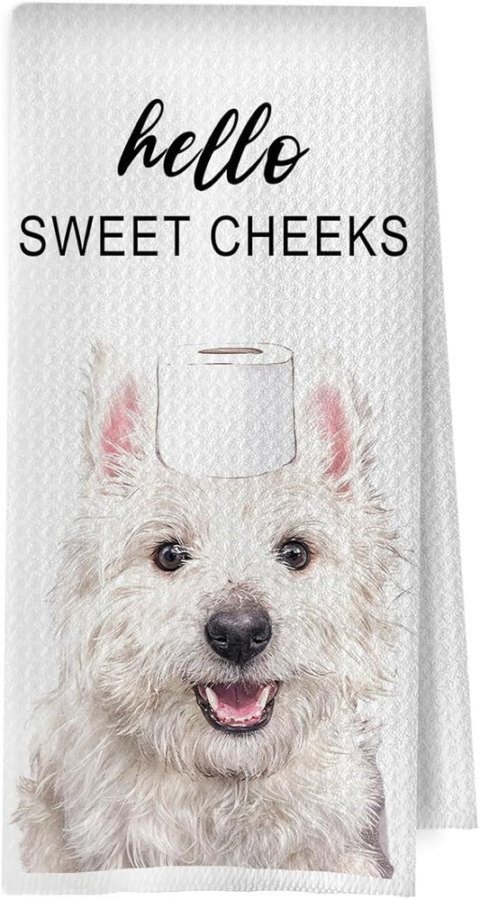 Funny Westie Bathroom Decor - Westie Gifts Waffle Decorative Hand Towels, Hello Sweet Cheeks Bathroom Decor, 16x24 Inches
