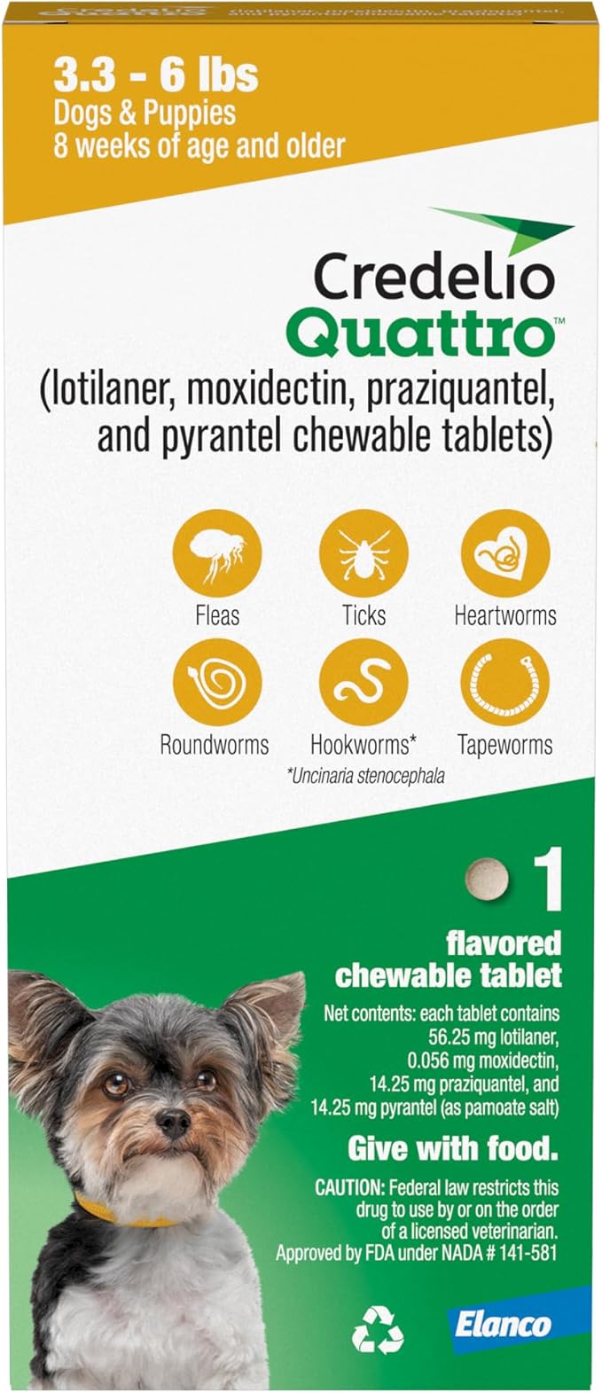 Credelio Quattro Dog Flea & Tick Treatment + Heartworm & Parasite Protection, 3.3-6 lbs (1 Chewable Tablet)