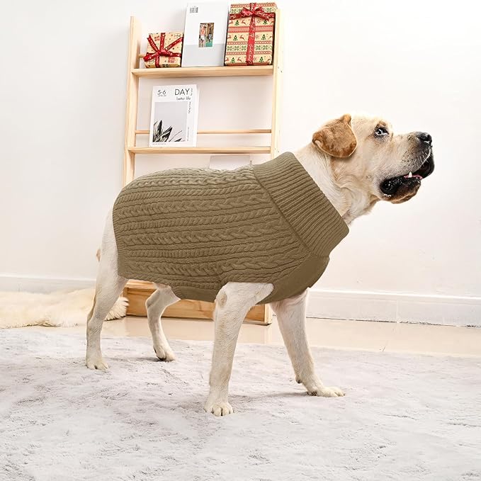 2 Pack Dog Sweaters for Big Dogs Turtleneck Pullover Cable Knit Large Size Stretch Clothes Pitbull Labrador Bulldog Doberman Boy Girl Pets Winter Clothes (XXL, Green & Brown)