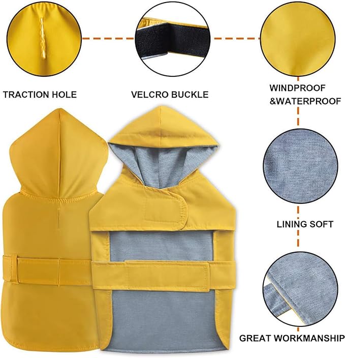Dog Raincoat Dog Rain Jacket Poncho Waterproof Snowproof Pet Rain Suit Double-Layered Warm Lining Hooded Leash Hole Adjustable Puppy Small Medium Dogs,Yellow,L,Back Length 10.5-13.0 inches