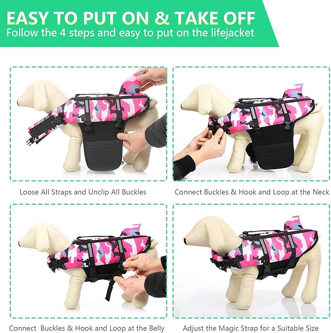 Queenmore Dog Life Jacket Pet Safety Vest High Buoyancy Camouflage Color Cute Shark with Strong Rescue Handle and Leash Ring for Boating, Canoeing, Surfing, Hunting, Pink L
