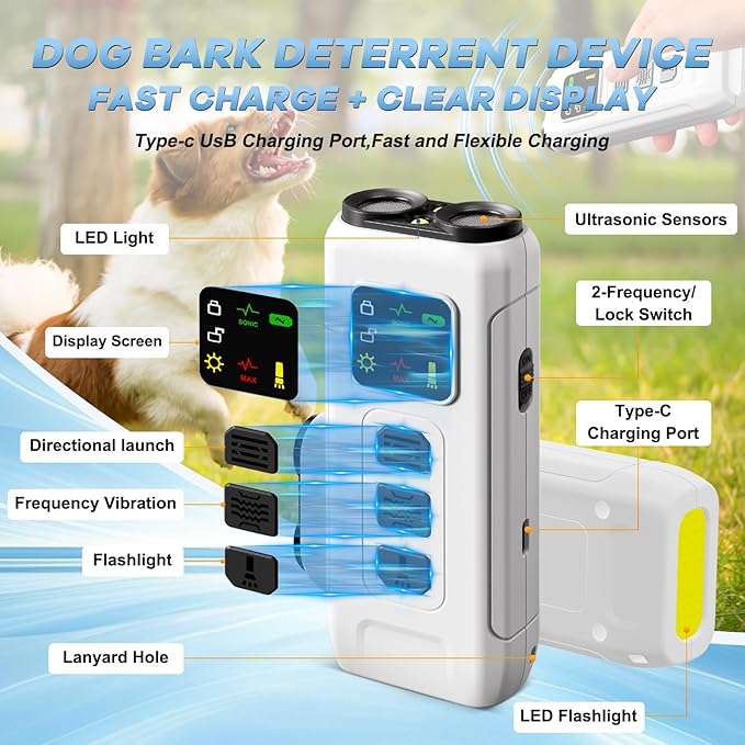 Ultrasonic Dog Bark Deterrent & Anti-Barking Training Device, 3 Modes to Stop Dog Barking, Handheld Tool, Safe, Rechargeable, Compact and Portable, Suitable for Indoor/Outdoor Use(White)