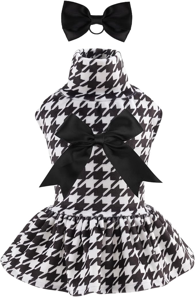 CuteBone Turtleneck Dog Velvet Dress Puppy Skirt Costume Pet Clothes Cat Apparel with Bow Hair Rope for Small Dogs CVD04XS