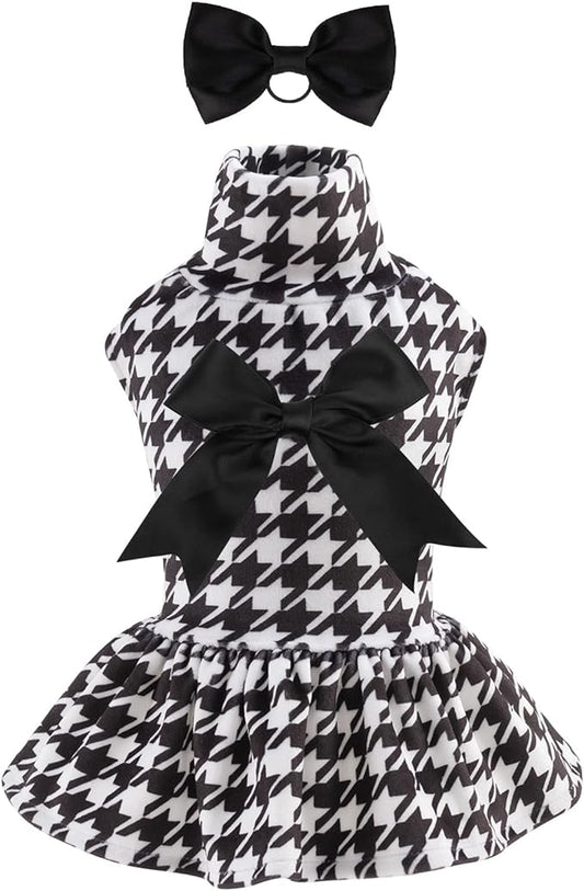CuteBone Turtleneck Dog Velvet Dress Puppy Skirt Costume Pet Clothes Cat Apparel with Bow Hair Rope for Small Dogs CVD04XS