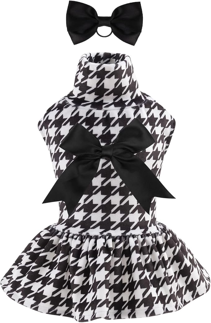 CuteBone Turtleneck Dog Velvet Dress Puppy Skirt Costume Pet Clothes Cat Apparel with Bow Hair Rope for Small Dogs CVD04L