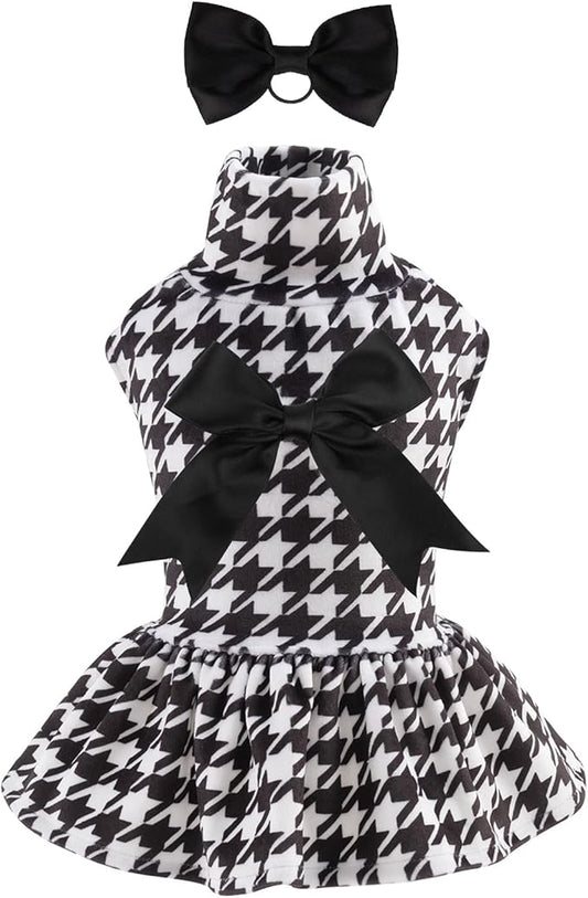 CuteBone Turtleneck Dog Velvet Dress Puppy Skirt Costume Pet Clothes Cat Apparel with Bow Hair Rope for Small Dogs CVD04L