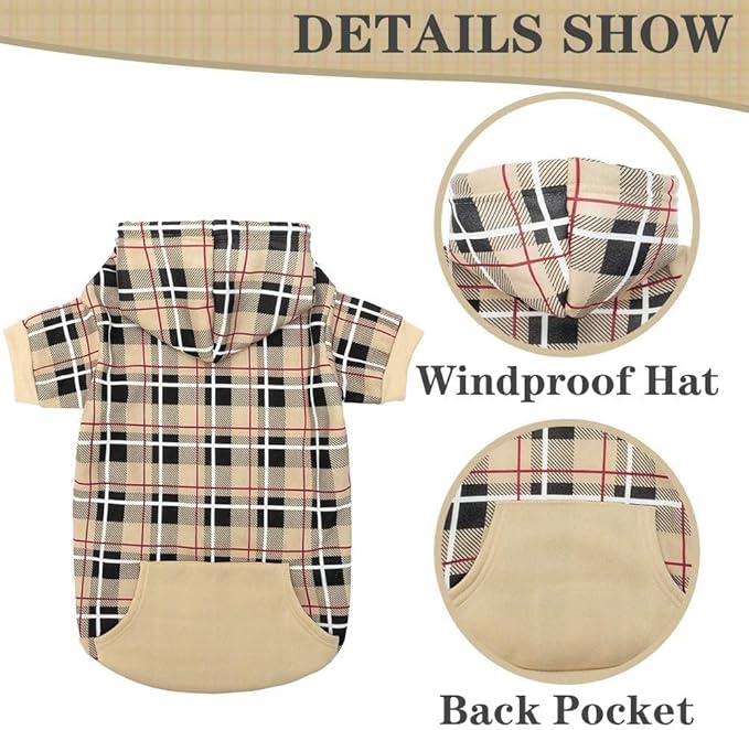 EXPAWLORER Plaid Dog Hoodie - British Style Warm Dog Sweater Shirt with Leash Hole,Pitbull Clothes Outfits,Winter Coat Apparel for All Breeds Puppy Girl Boy-Cat Apparel,Beige Small