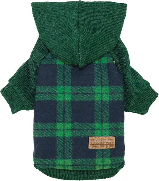 Fitwarm Tartan Plaid Dog Hoodie, Knitted Dog Clothes for Small Dogs Boy, Pet Sweater with Hood, French Bulldog Winter Outfit, Green, Large