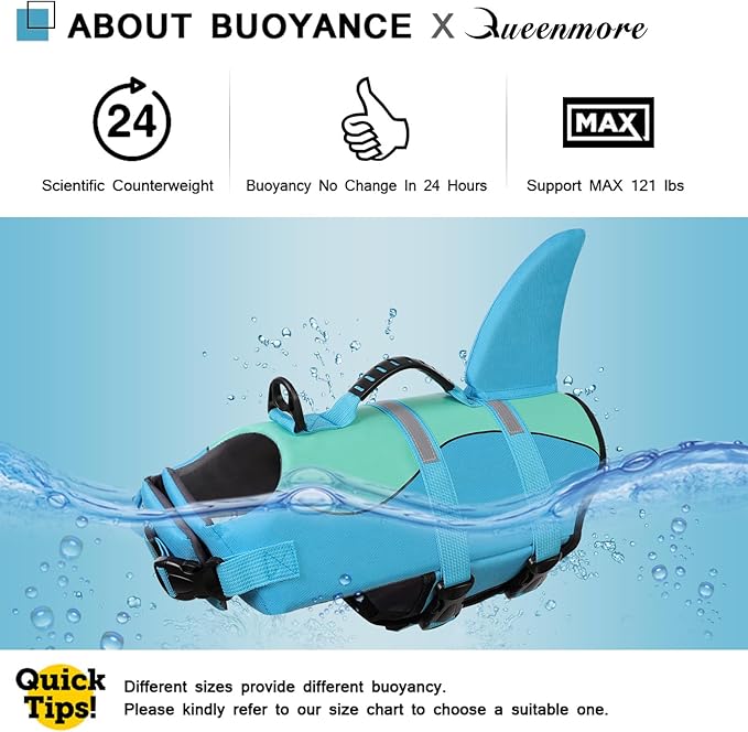 Queenmore Shark Dog Life Jacket, Dog Life Vests for Boating, High Buoyant Pet Life Vest for Swimming, Adjustable Easy On Cat Life Jackets for Small, Medium, Large Dogs (Pool Blue,XL)