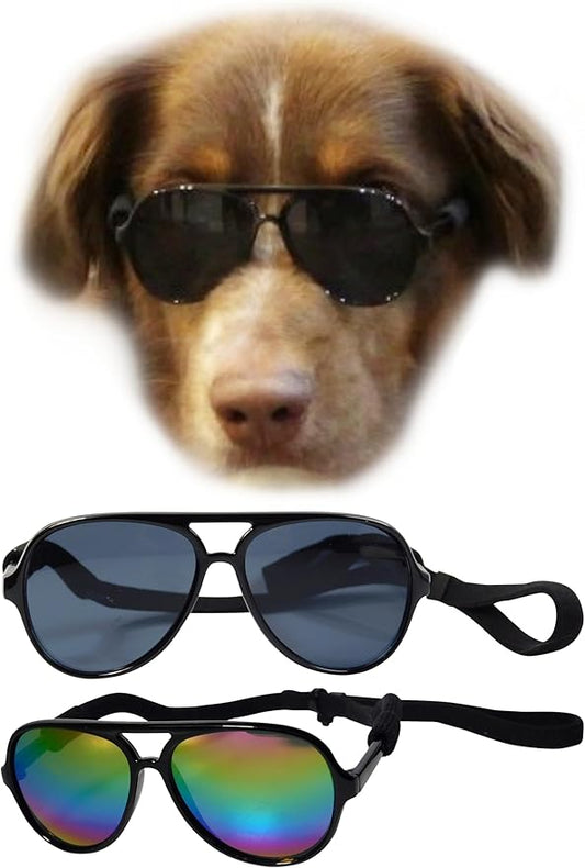 G010 Dog Pet Costume Prop Aviator Sunglasses Medium Breeds 20-40 lbs (2-Pack Black + Black-Rainbow Mirror)