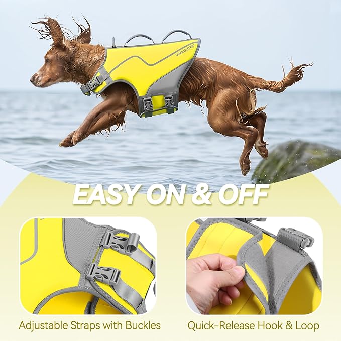 VIVAGLORY Neoprene Dog Life Vest, Dog Life Jacket for Swimming & Boating, Lightweight & Buoyancy for Puppy Doggy, Swimming Vest with Handle, L, Yellow