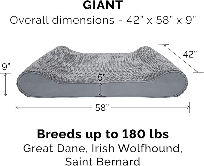 Furhaven Memory Foam Dog Bed for Extra Large Dogs w/ Removable Washable Cover, For Dogs Up to 180 lbs - Ultra Plush Faux Fur & Suede Luxe Lounger Contour Mattress - Gray, Giant/XXXL