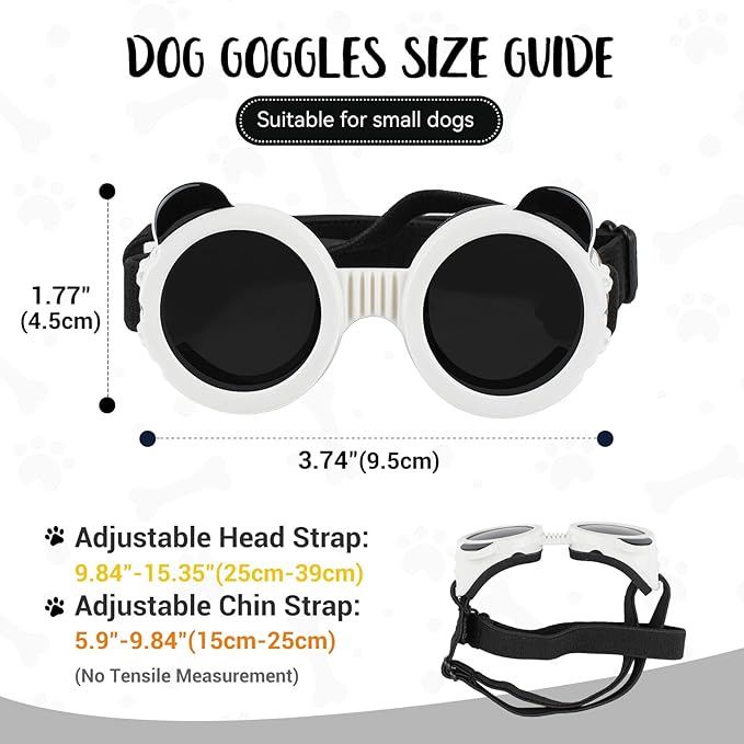Enjoying Dog Goggles Extra-Small to Small Breeds, Dog Sunglasses UV Protection, Driving Eye Protection for Little Dogs, Breathable Windproof Dustproof Anti-Fog, Adjustable Straps, Panda White
