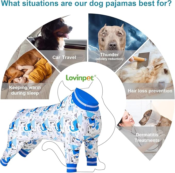 LovinPet Dog Outfits for XL Large Boy Dogs, Undershirt for Large Dog,ightweight Stretchy Fabric, Abstract Dinosaur Print, Big Pet Jammies, Uv Protection Tshirt, Easy to Wear Adorable Pet Jumpsuit,3XL