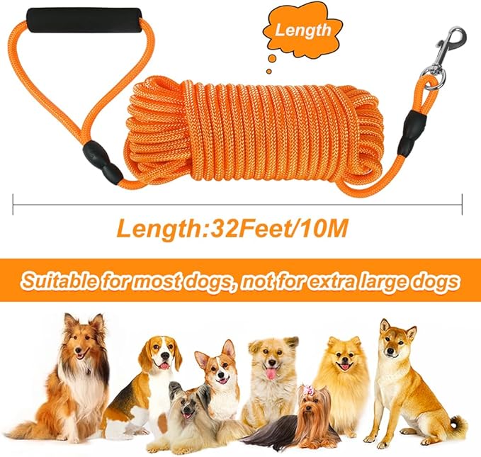 Vivifying Long Dog Leash, 32ft Floating Dog Training Leash, Check Cord Rope Lead with Comfortable Handle for Outside, Hiking, Swimming, Beach and Lake (Orange)