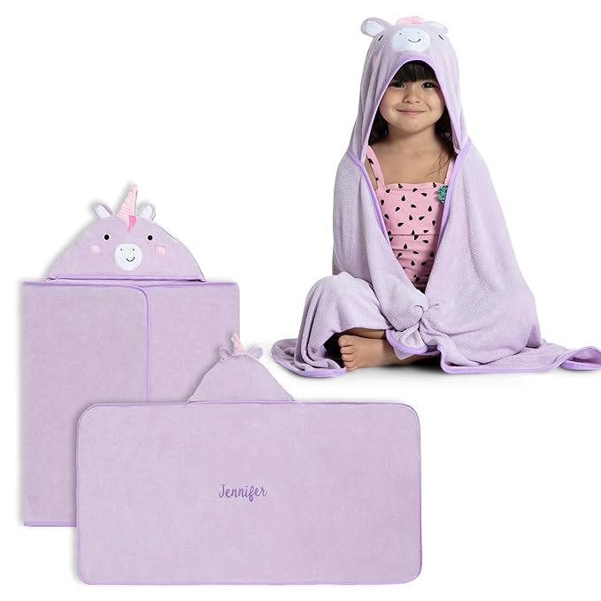Delta Children Personalized Kids Hooded Bath Towel with Pockets - Super Soft and Absorbent- Great Gift for Boys and Girls, Light Purple Unicorn