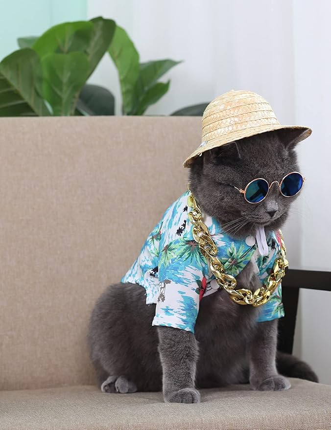 Hawaiian Dog T Shirts Pet Summer Clothes Cat Sunglasses Funny Straw Hat Kitten Costumes with Gold Chain Collar (Large,Cyan-Blue)