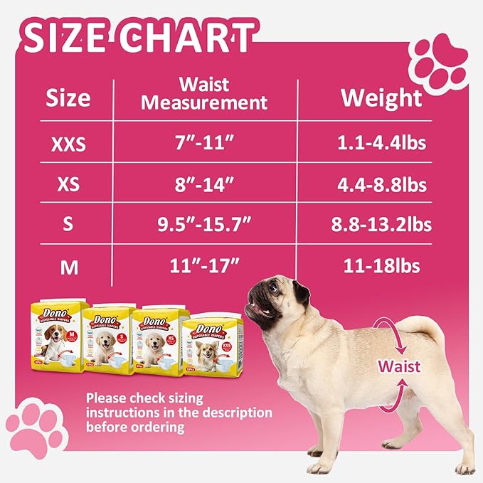 Dono Dog Diapers Female, Disposable Doggie Diapers, Super Absorbent Puppy Diapers with Adjustable Tail Hole, Wetness Indicator for Cats Doggy in Heat Period, X-Small, 32 Count