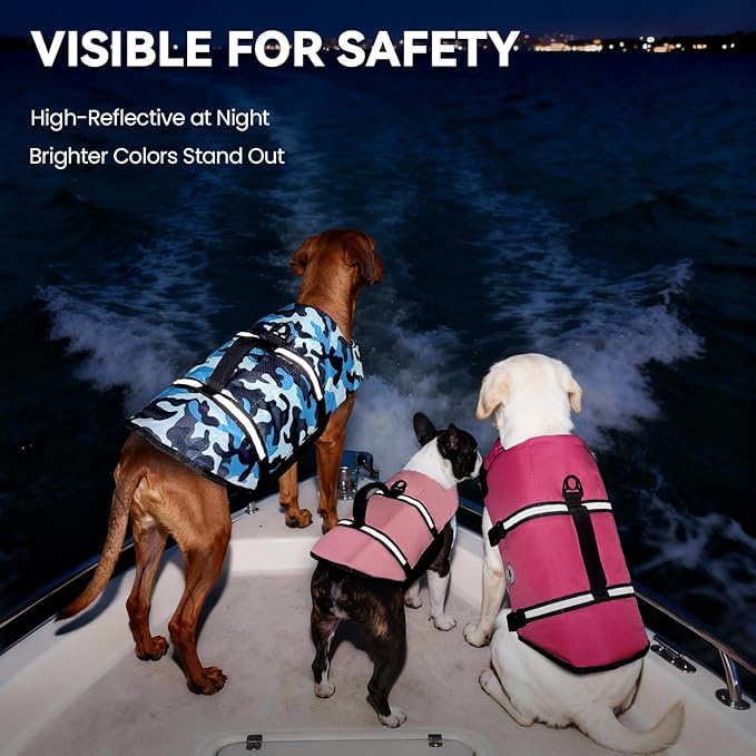 VIVAGLORY Rip Stop Dog Life Vest, Swimming Vest with Handle, Buoyancy for Doggy Puppy, Dog Life Jacket for Swimming & Boating, M, Camo Blue