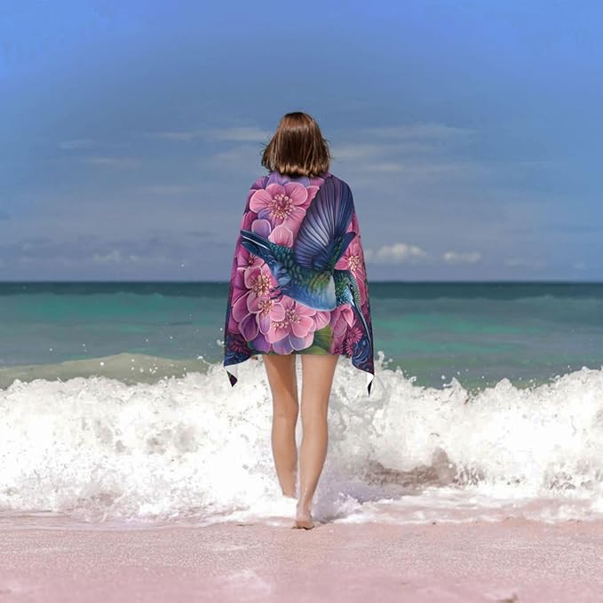 Floral Bird Beach Towel 31inx51in, Hummingbird Sand-Free Microfiber Bath Towel Ultra Soft Quick Dry Pool Towel Absorbent Towel Lightweight Towel for Swimming Bathroom Decor