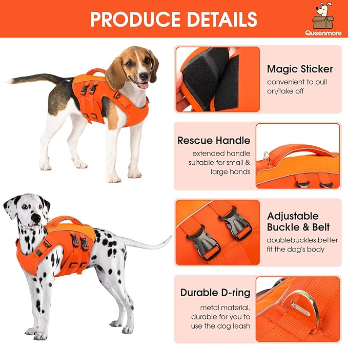 Queenmore Dog Life Jacket,Pet Life Vest for Swimming,Adjustable Reflective Pet Swimming Vest,High Buoyancy Dog Life Jacket,Pet Life Preserver(Orange,M)