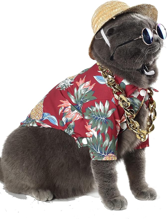 Hawaiian Dog T Shirts Pet Summer Clothes Cat Sunglasses Funny Straw Hat Kitten Costumes with Gold Chain Collar (Large,Red)