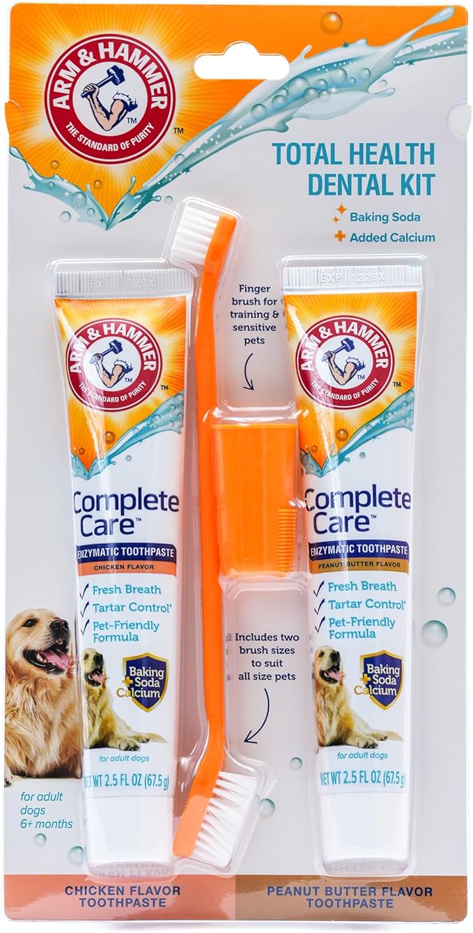 Arm & Hammer Complete Care Dog Dental Kit with Two Flavors: Chicken & Peanut Butter Enzymatic Dog Toothpaste, Toothbrush, & Finger Brush, Baking Soda + Calcium, 2.5oz Each
