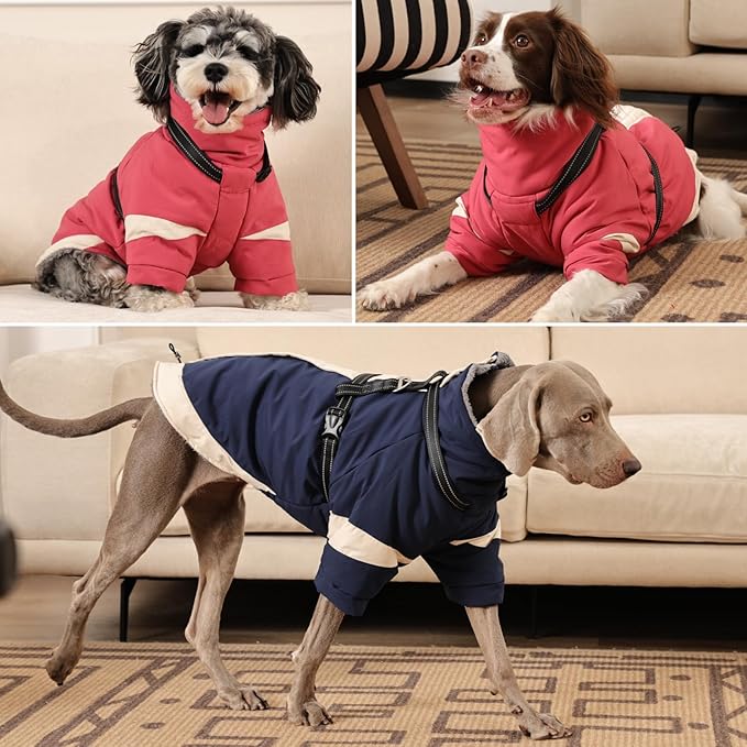 MIGOHI Warm Dog Coat Waterproof Small Dog Jacket with Harness,Reflective Fleece Snowsuit for Dogs,Windproof Puppy Coats with Legs for Cold Weather,Adjustable Pet Clothes for Puppies,Xs,Pink