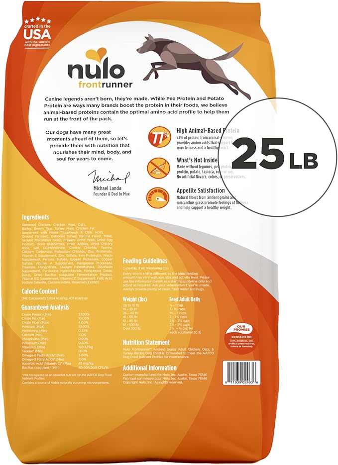 Nulo Frontrunner Dry Dog Food - Adult High-Protein Chicken, Oats & Turkey Recipe, Natural Kibble with Ancient Grains, Probiotics, Taurine, Omega 3 for Small, Medium and Large Breeds, 25lb Bag